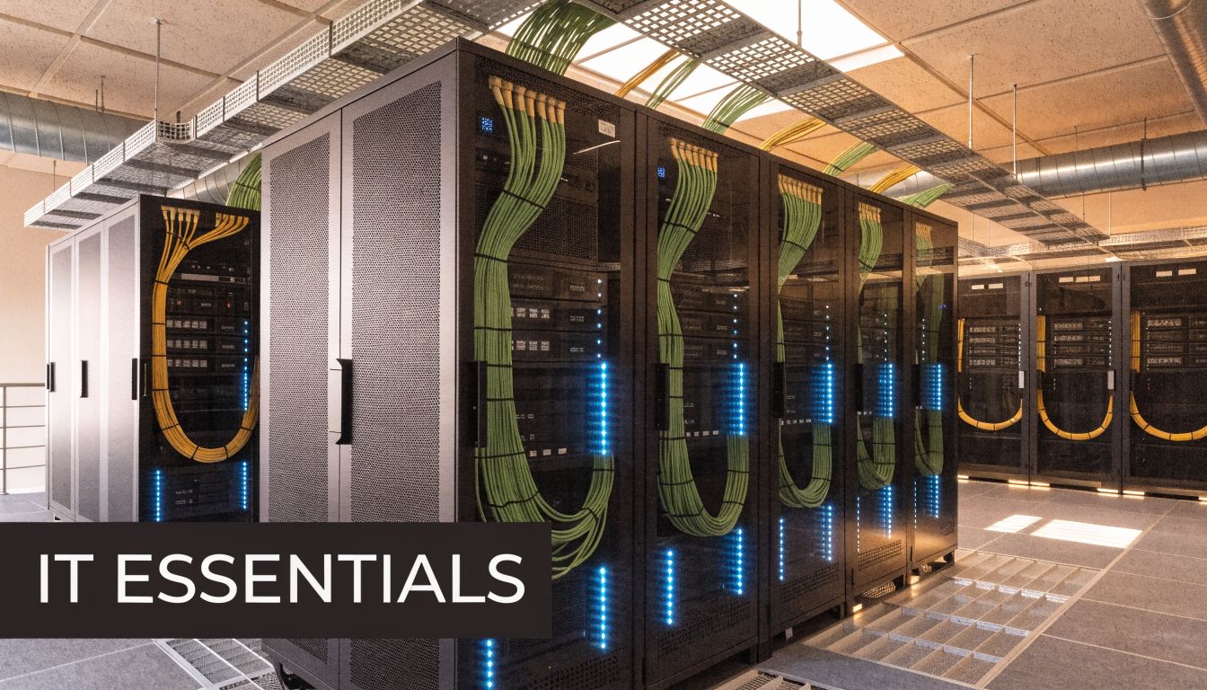 A professional data center server room with high tech server racks and organized green cabling overhead.