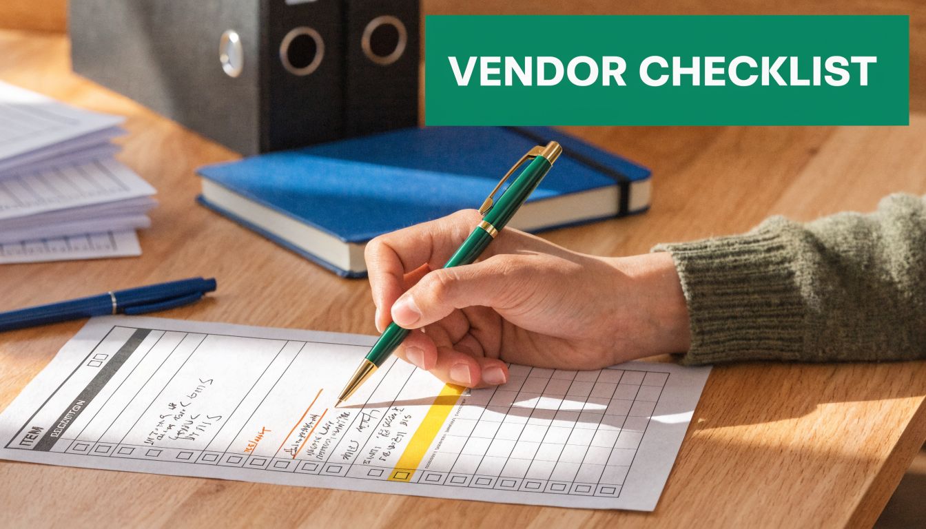 A person writing on a vendor checklist document at a desk with an office pen