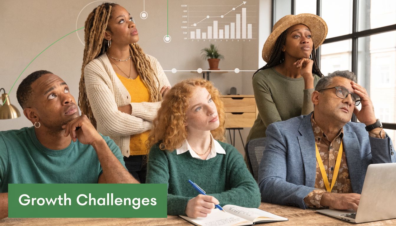 A diverse group of professional colleagues collaborating while looking thoughtfully at growth data charts in office.