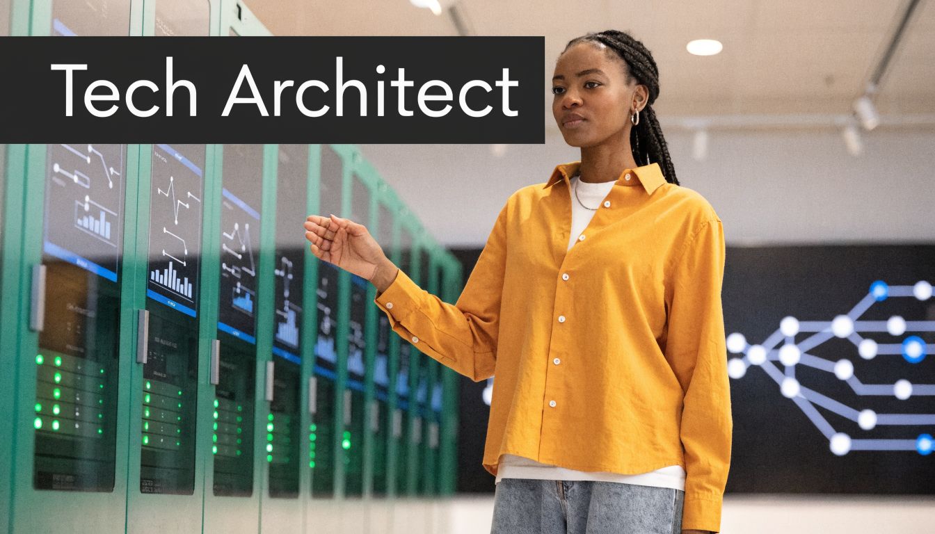A professional tech architect stands before server racks with digital interface displays in a modern workspace.