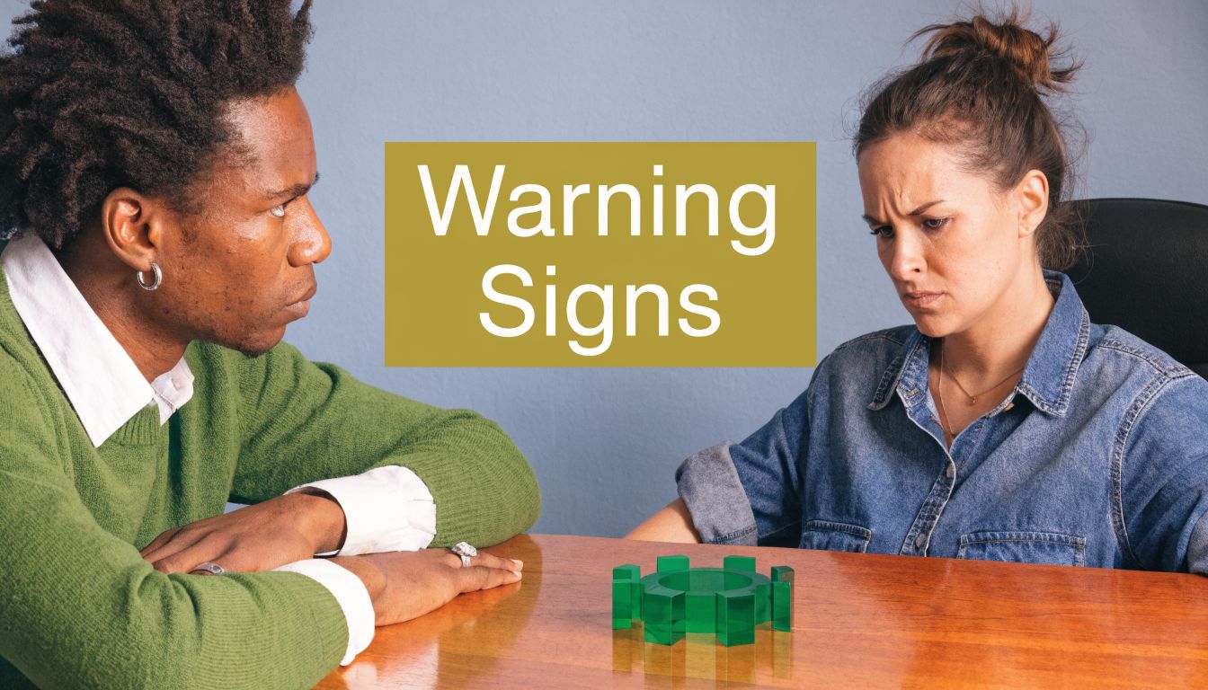 A man and a woman sitting at a desk appearing to have a tense professional discussion.