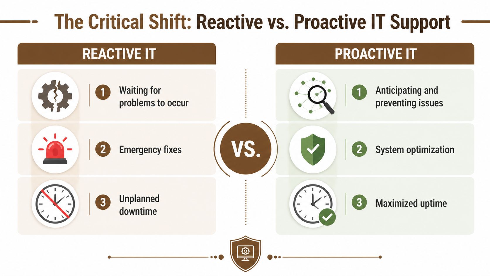 A comparison chart showing the differences between reactive and proactive IT support approaches in business environments.
