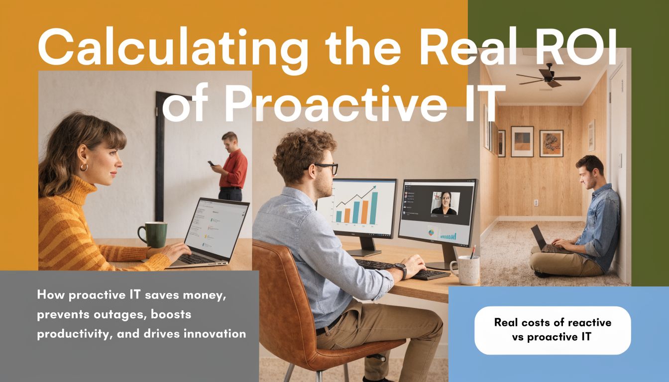 A professional graphic featuring office workers using technology with the title Calculating the Real ROI of Proactive IT.