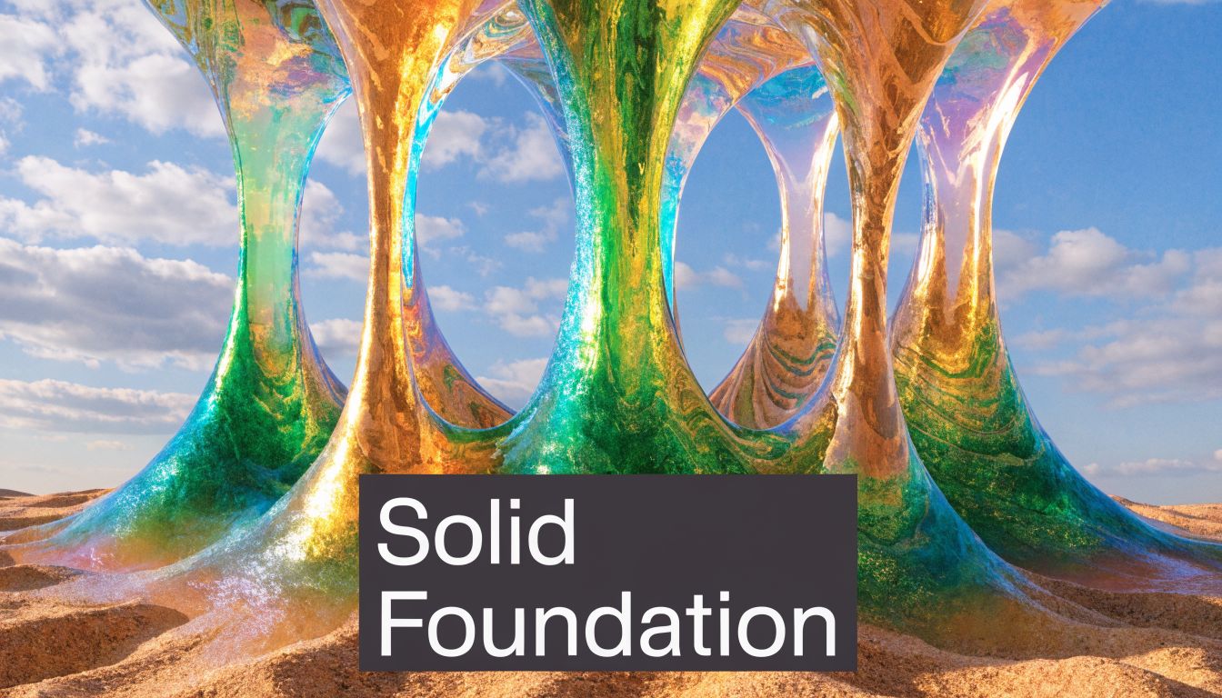 A surreal, iridescent sculpture with organic, fluid-like pillars resting on a sandy desert landscape under a blue sky.