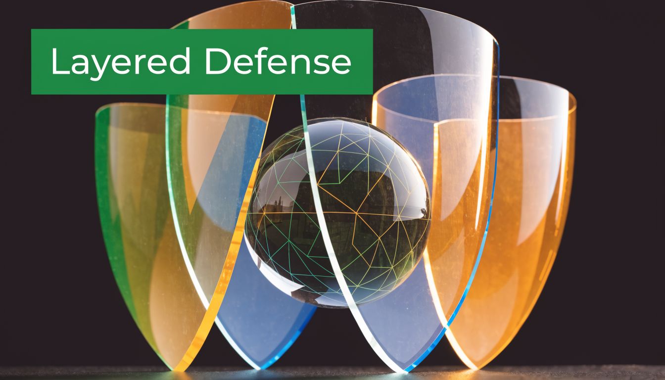 A digital illustration of a glowing sphere protected by multiple transparent, layered shields representing cybersecurity defense.