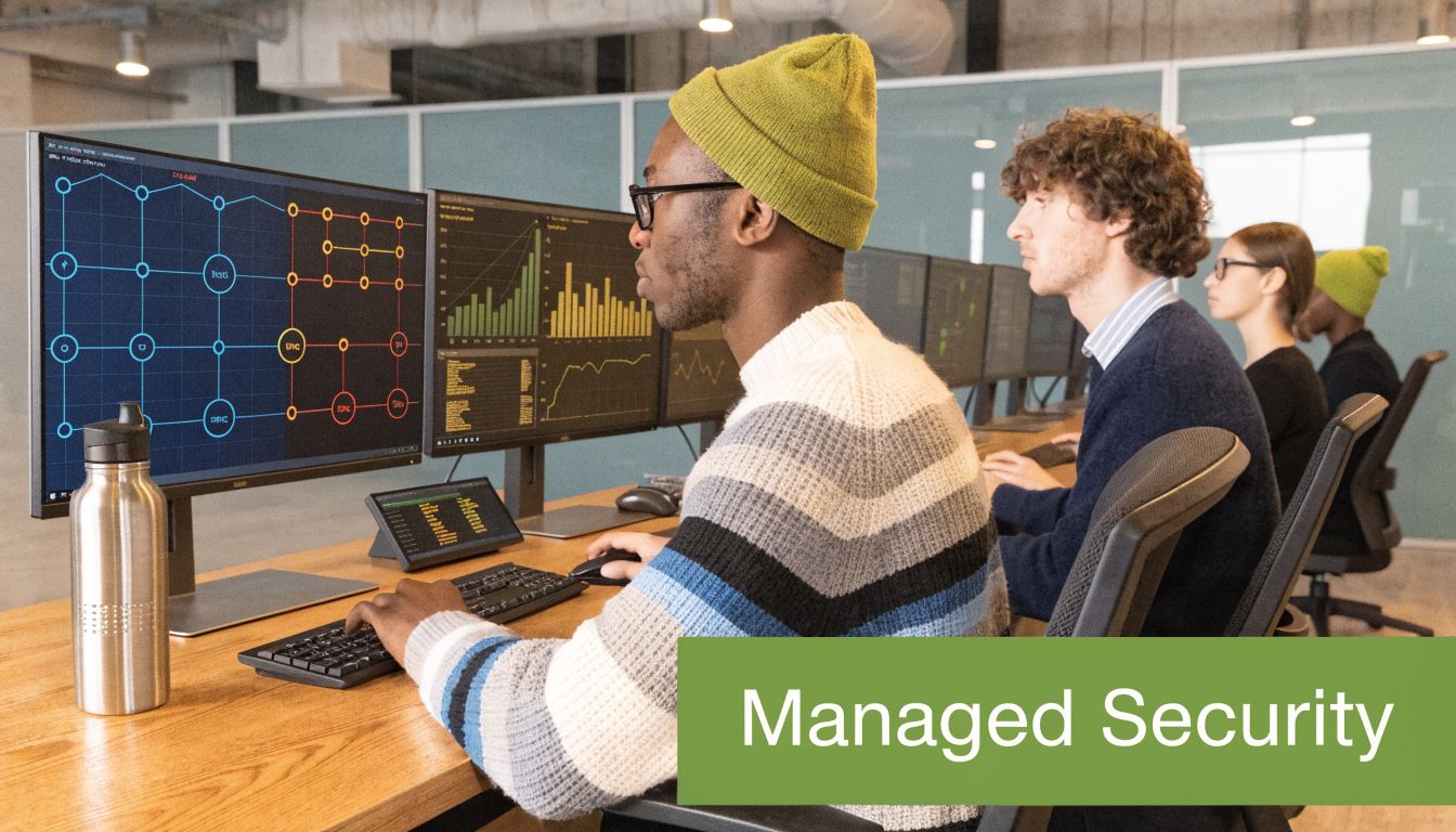 A diverse team of professionals working at computers in a modern tech-focused office environment.