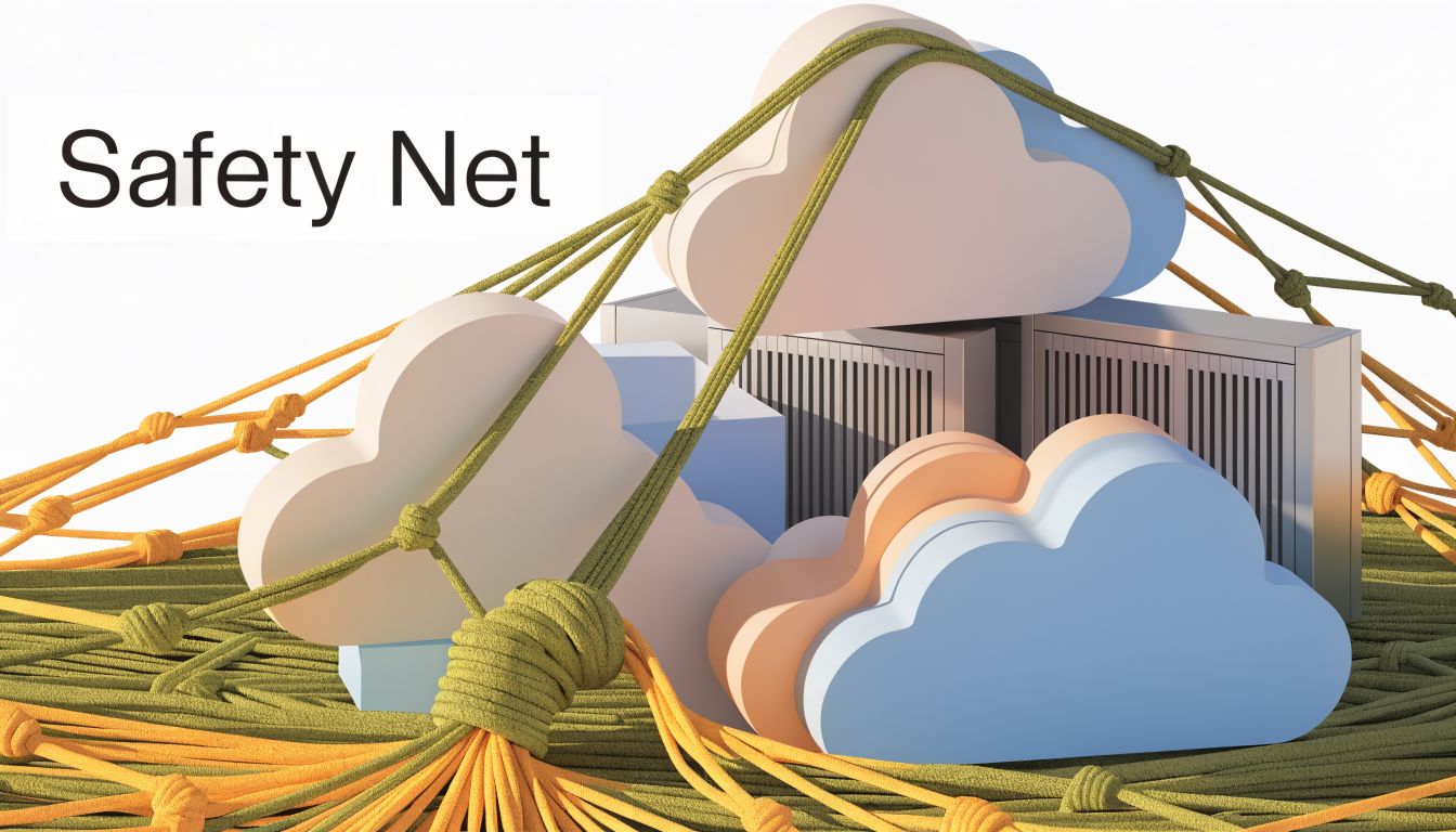 A conceptual 3D illustration of cloud icons secured by a safety net over data center server racks.
