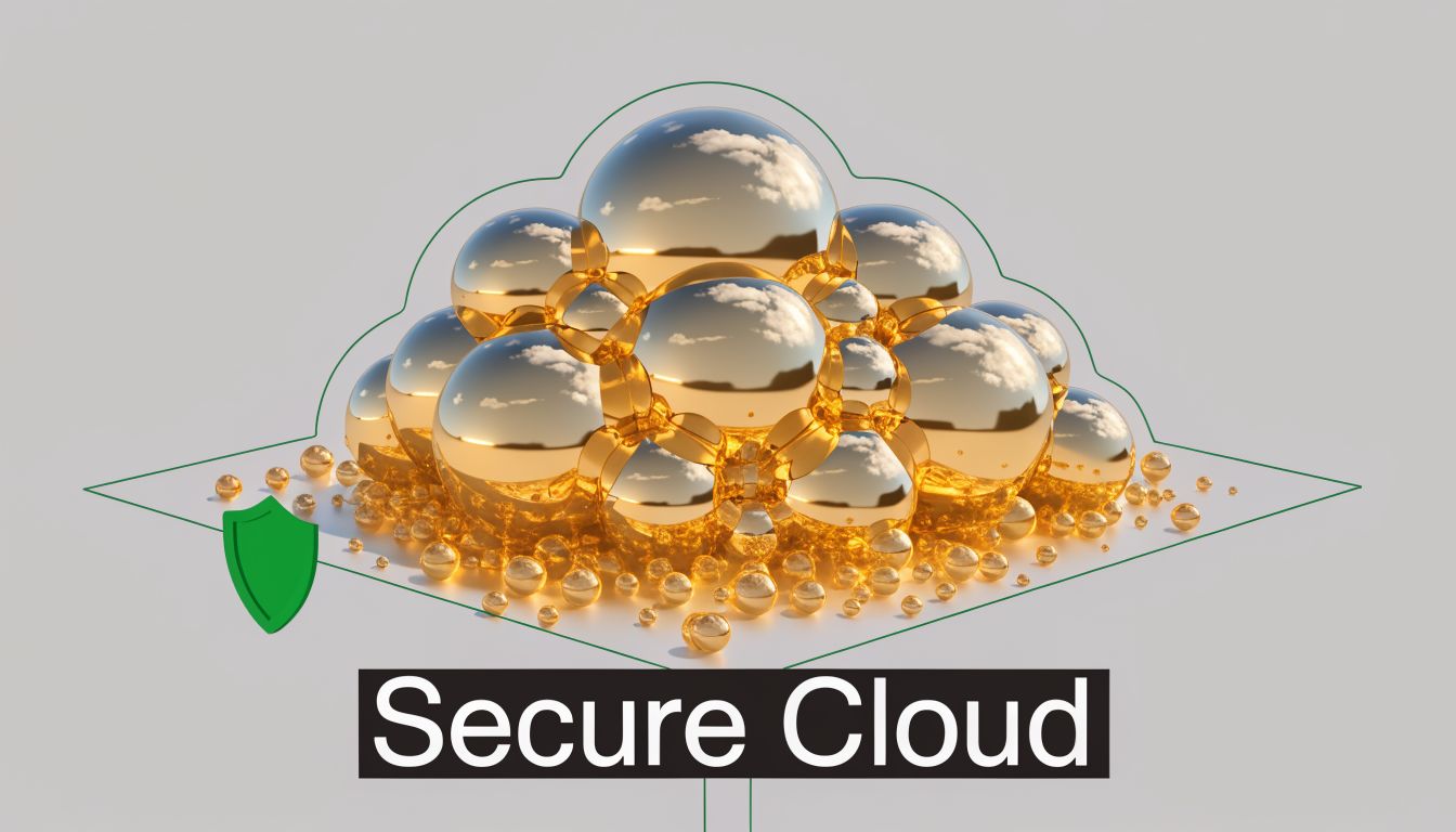 A cluster of golden spheres forming a cloud shape with a green shield icon, symbolizing secure cloud services.