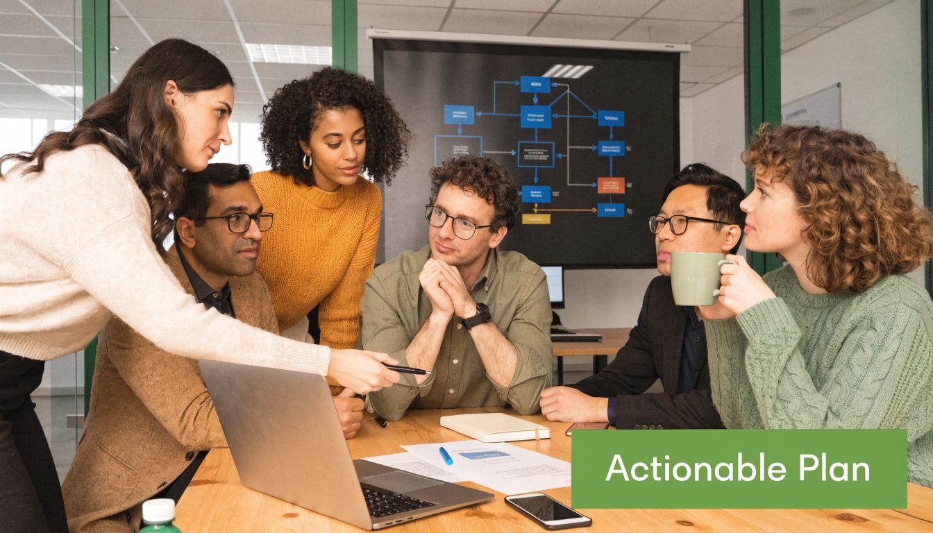 A diverse team of professionals collaboratively discussing business strategies around a laptop during an office meeting.