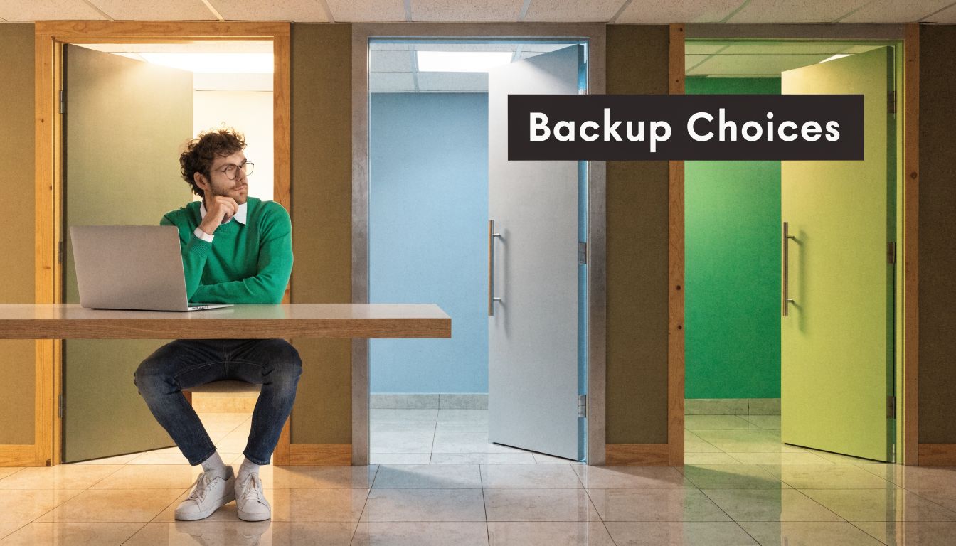 A man in a green sweater sitting at a desk with a laptop, looking at different colored doors.