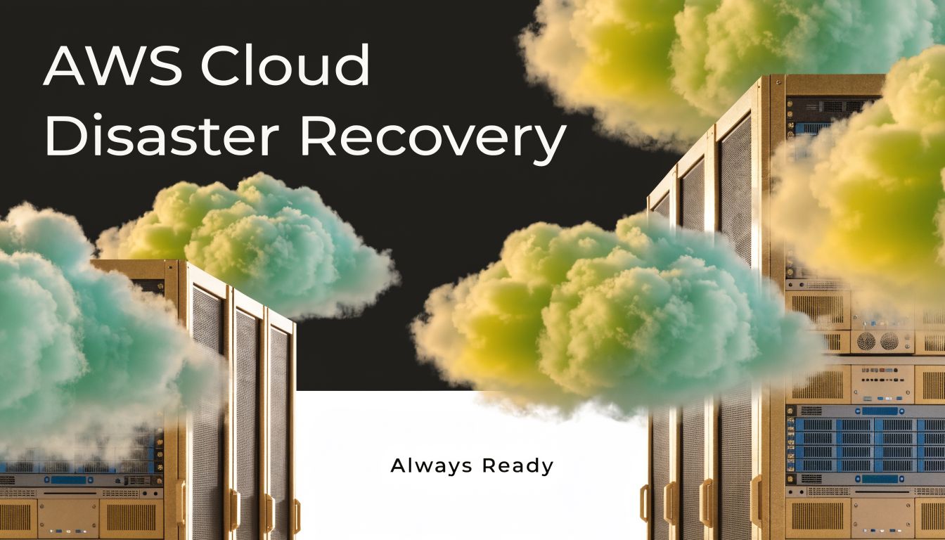 Server racks with colorful clouds floating around, representing reliable AWS cloud disaster recovery and system readiness.