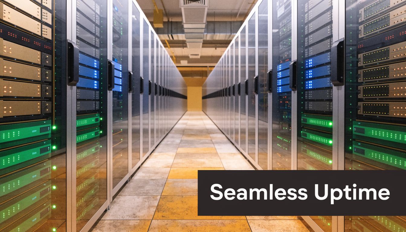 Rows of server racks in a high-tech data center showing hardware equipment for cloud computing infrastructure.