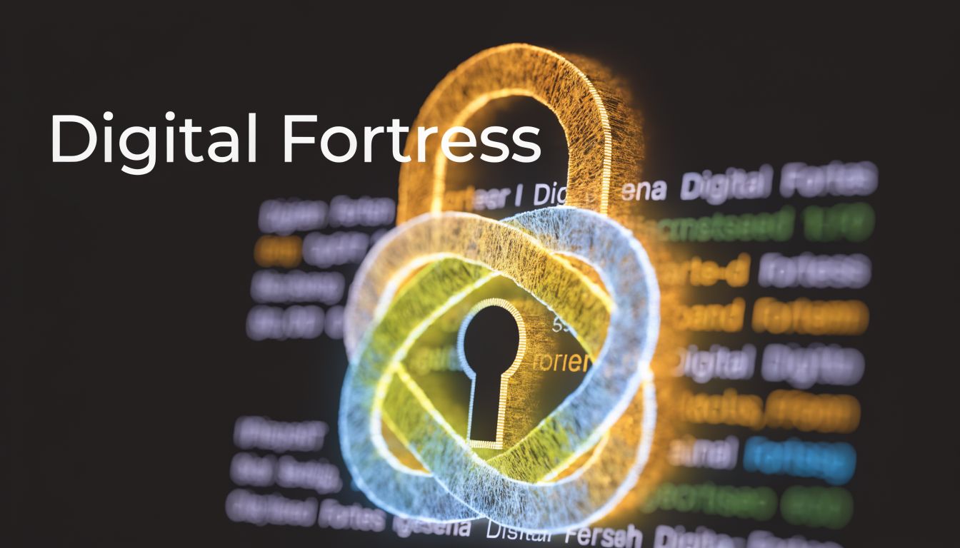A digital padlock graphic representing cybersecurity concepts with glowing text and data streams in the background.