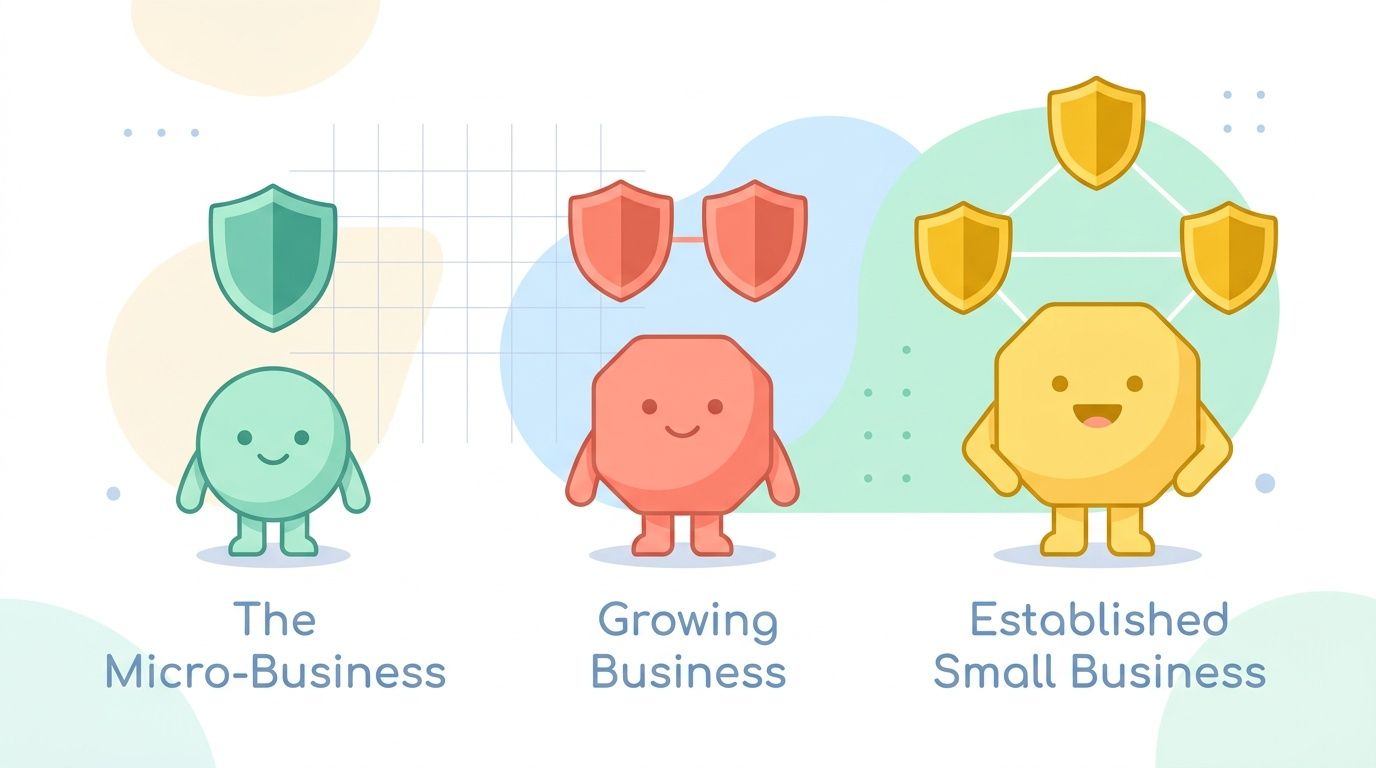 A graphic illustration depicting three stages of business growth with corresponding protective shield icons for each.