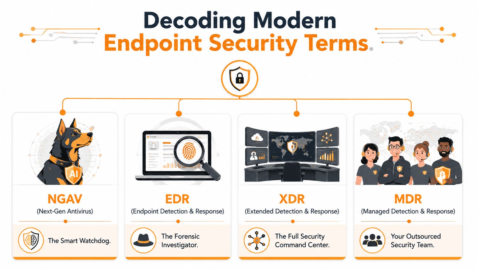 A visual guide explaining modern cybersecurity terms including NGAV, EDR, XDR, and MDR for endpoint protection.
