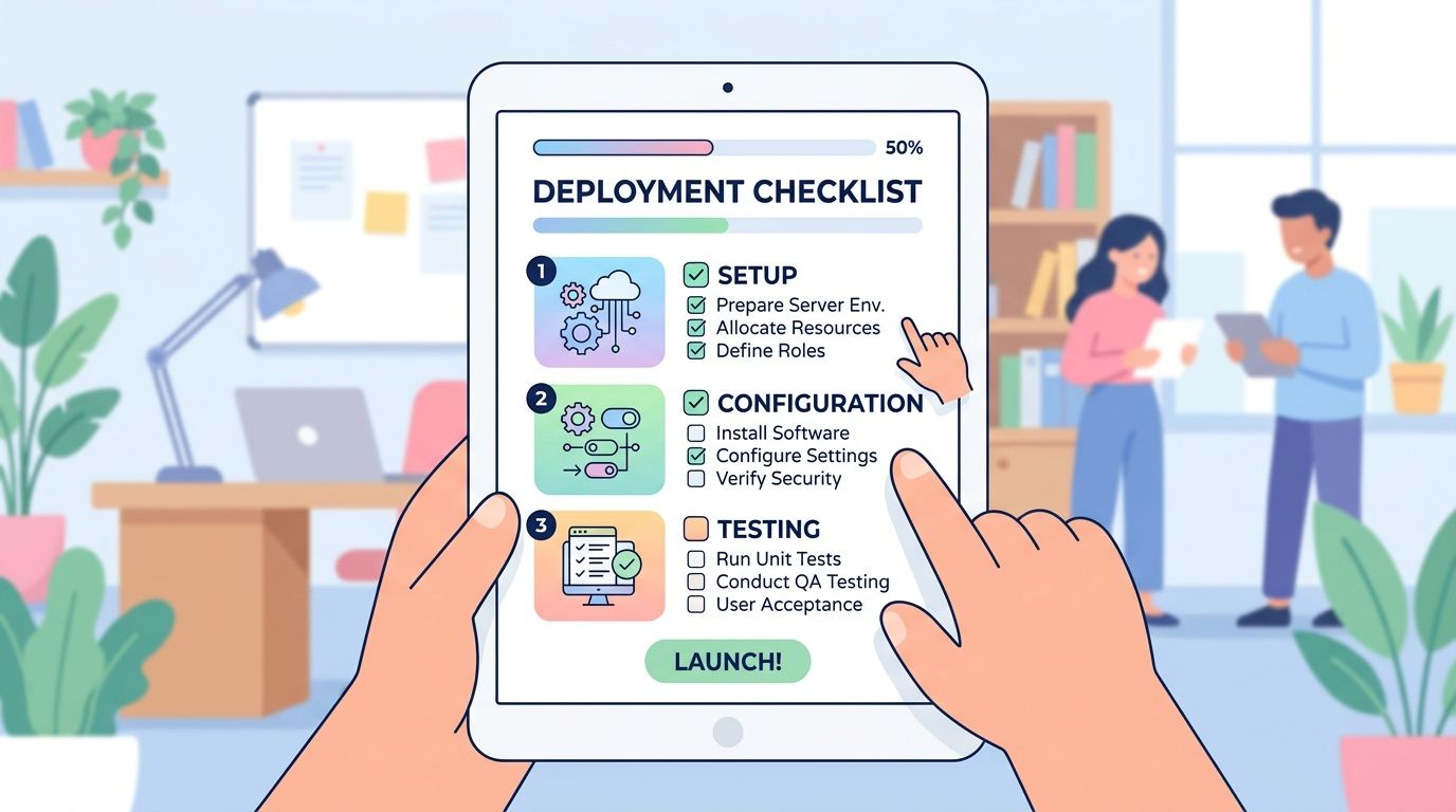 A person checking off deployment checklist tasks on a tablet screen in a modern office environment.