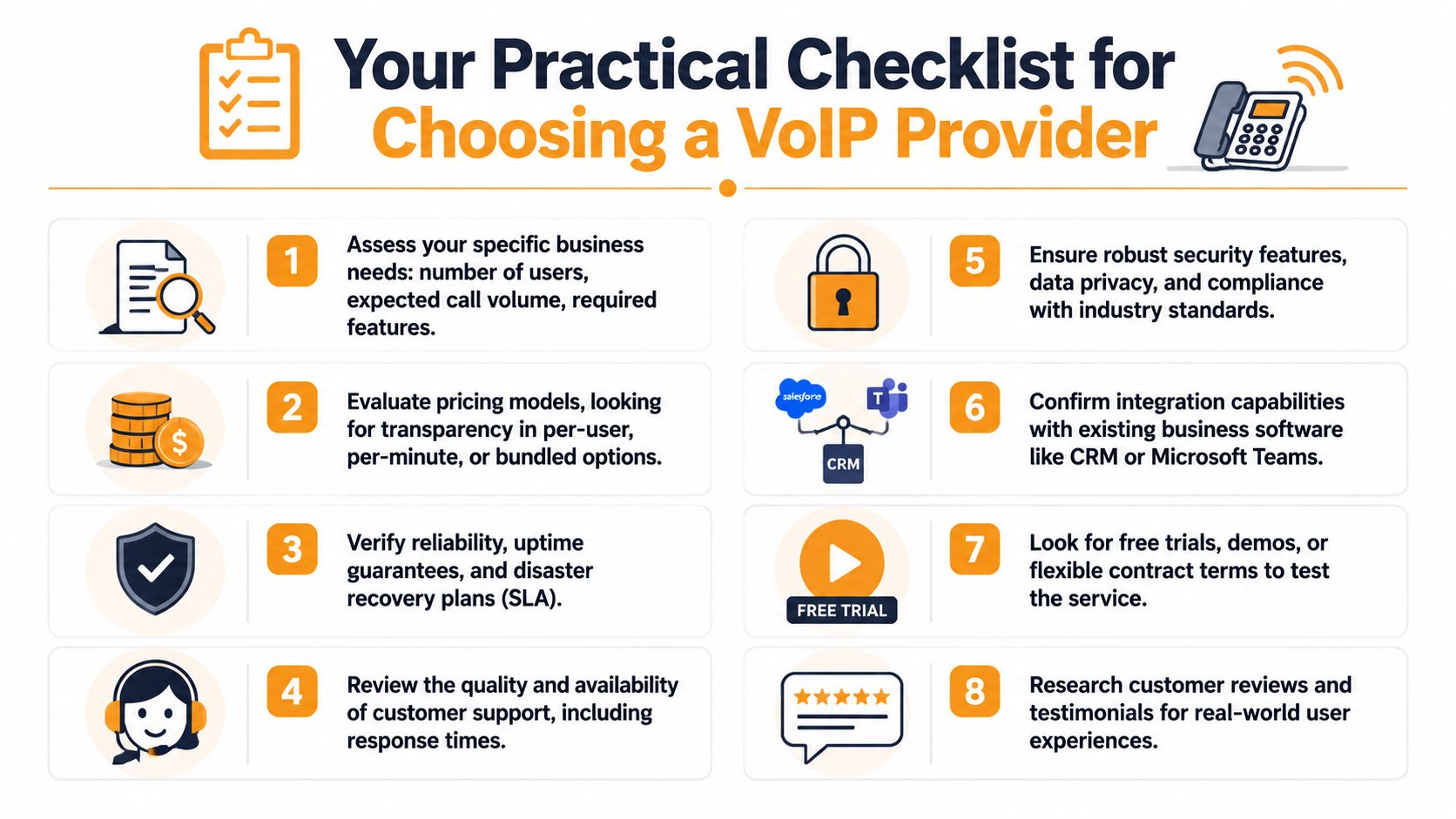 An infographic titled Your Practical Checklist for Choosing a VoIP Provider outlining eight key steps for business owners.