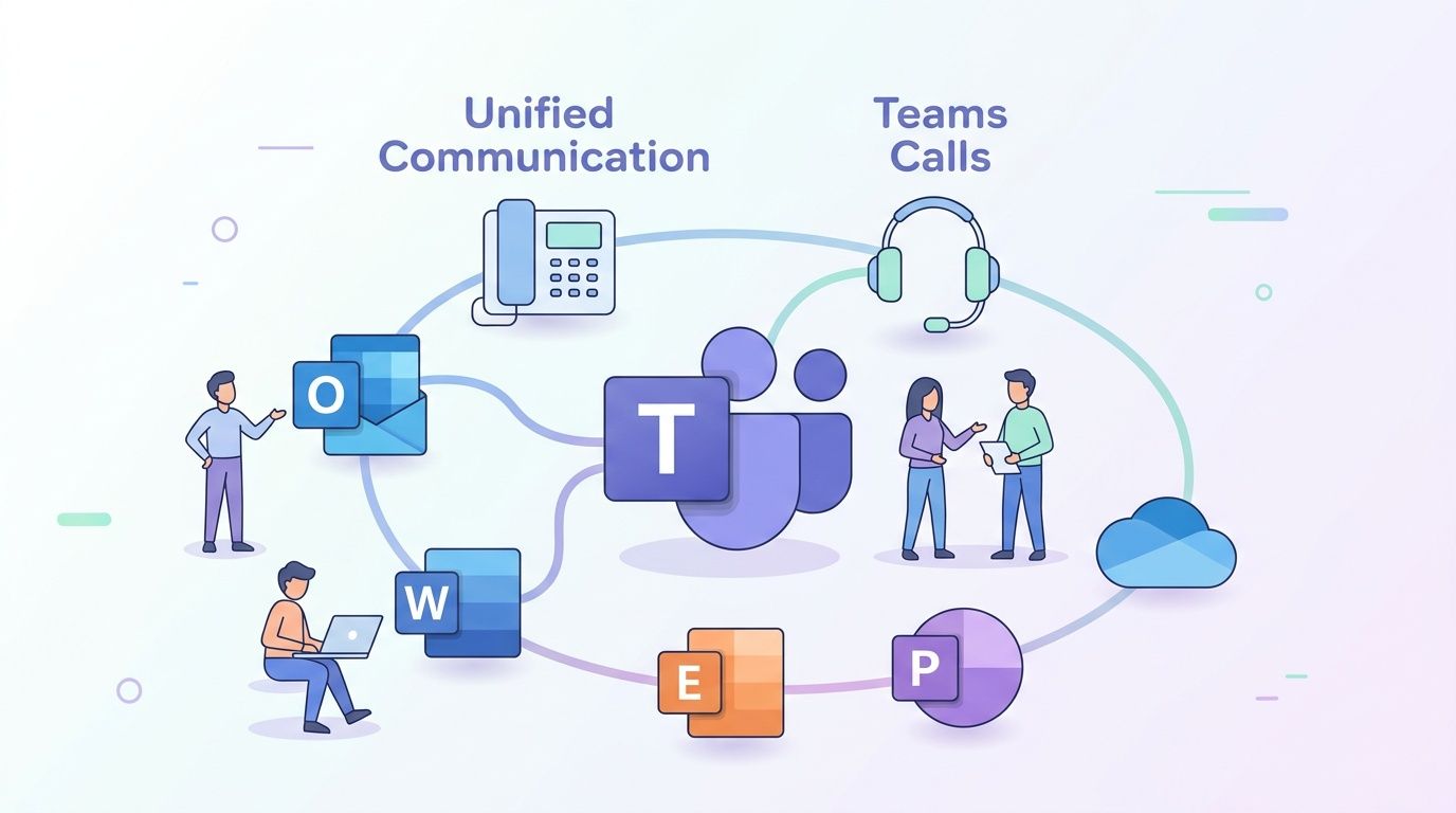 An illustration showing Microsoft Teams at the center, surrounded by various communication and office productivity icons.