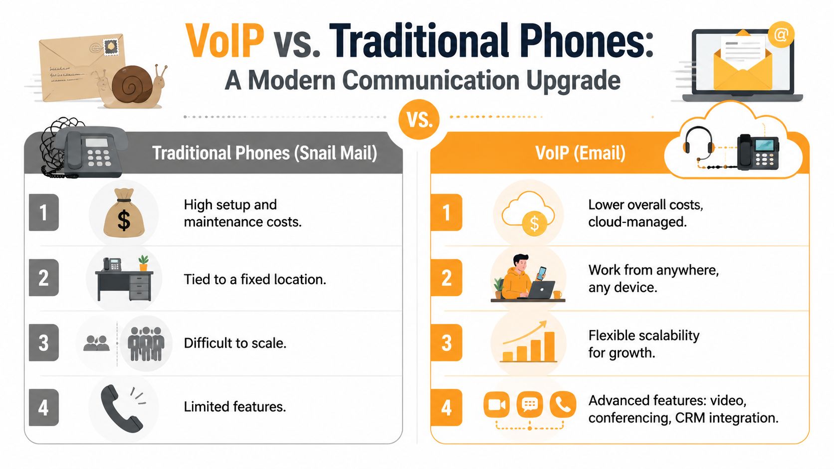 A comparison infographic showing the advantages of VoIP phone systems over traditional landline telephone systems.