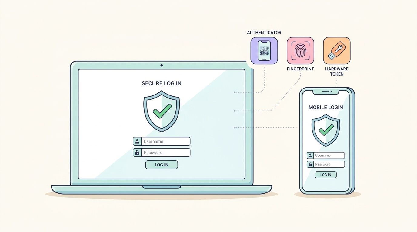 A digital illustration showing multi-factor authentication methods for secure laptop and mobile device login.