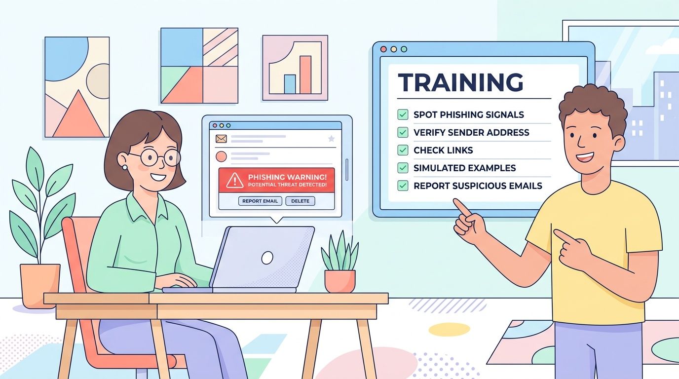 A man explaining cybersecurity training tips to a woman working on a laptop with a phishing warning.