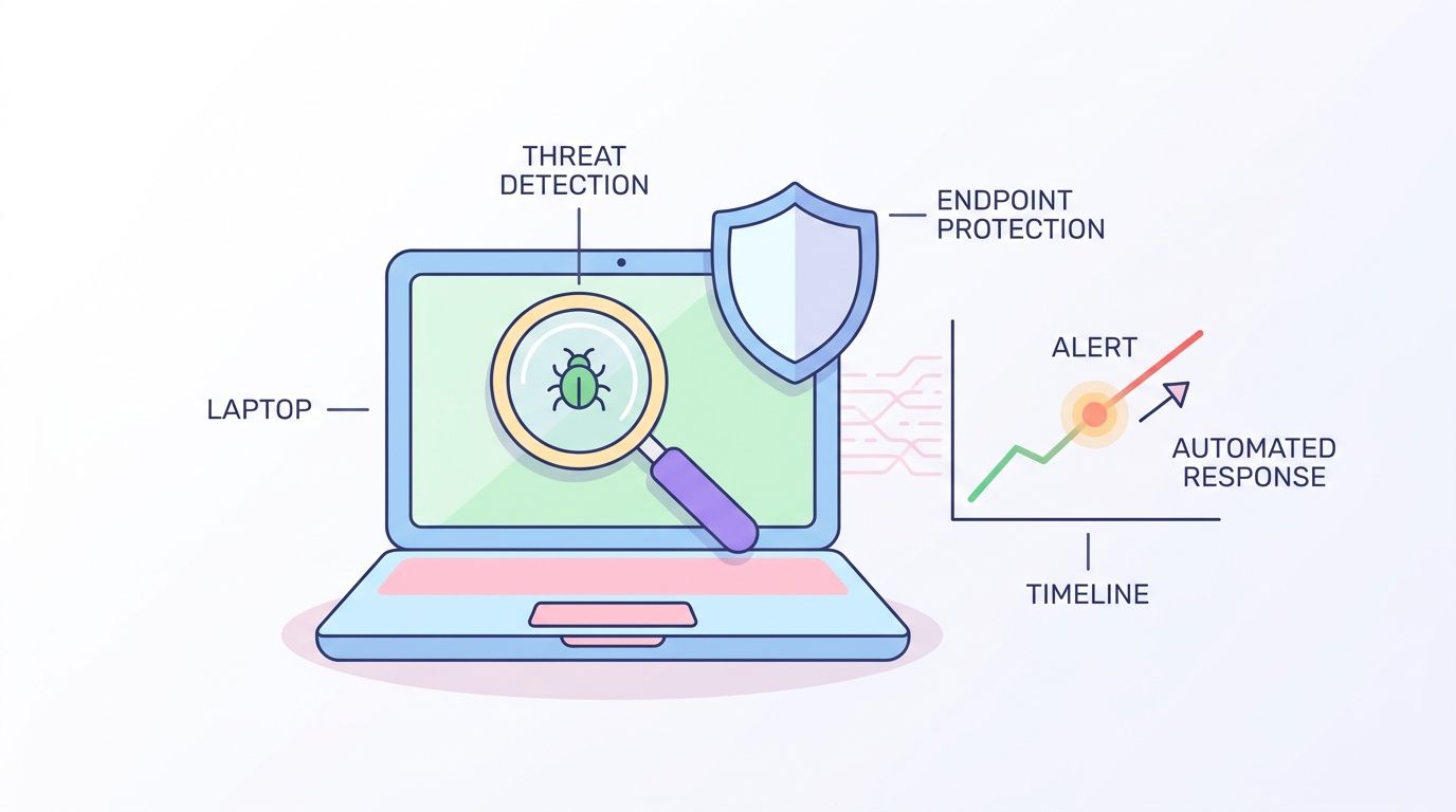A digital illustration showing a laptop with a magnifying glass detecting a threat and an automated response graph.