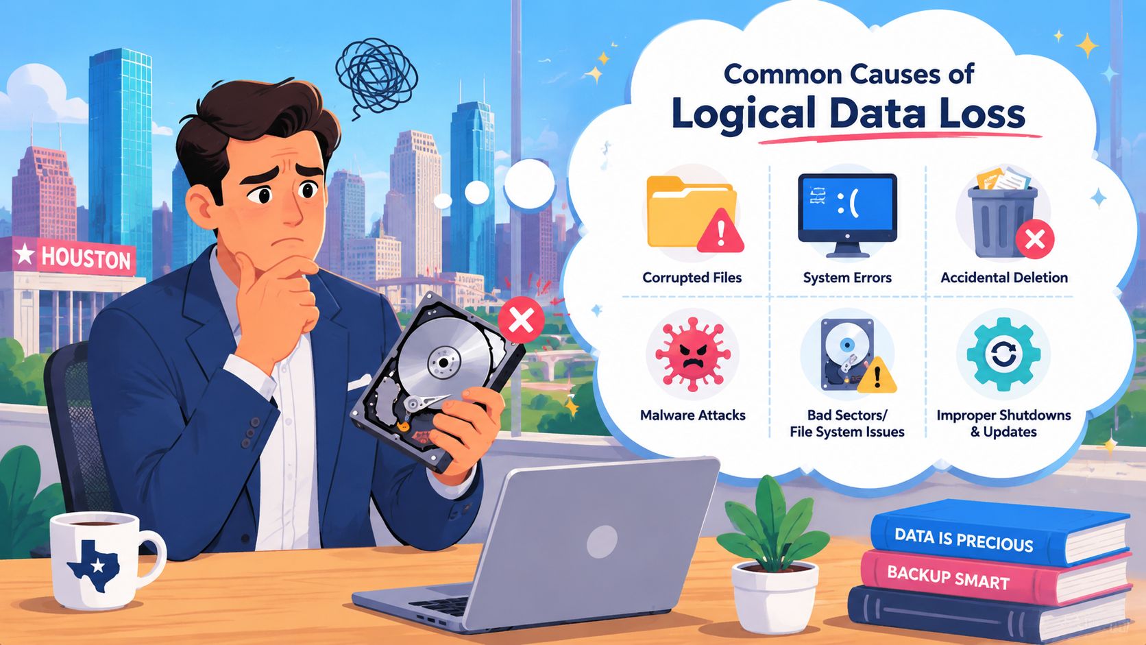 A businessman in Houston looking concerned while holding a hard drive, visualizing common causes of logical data loss.
