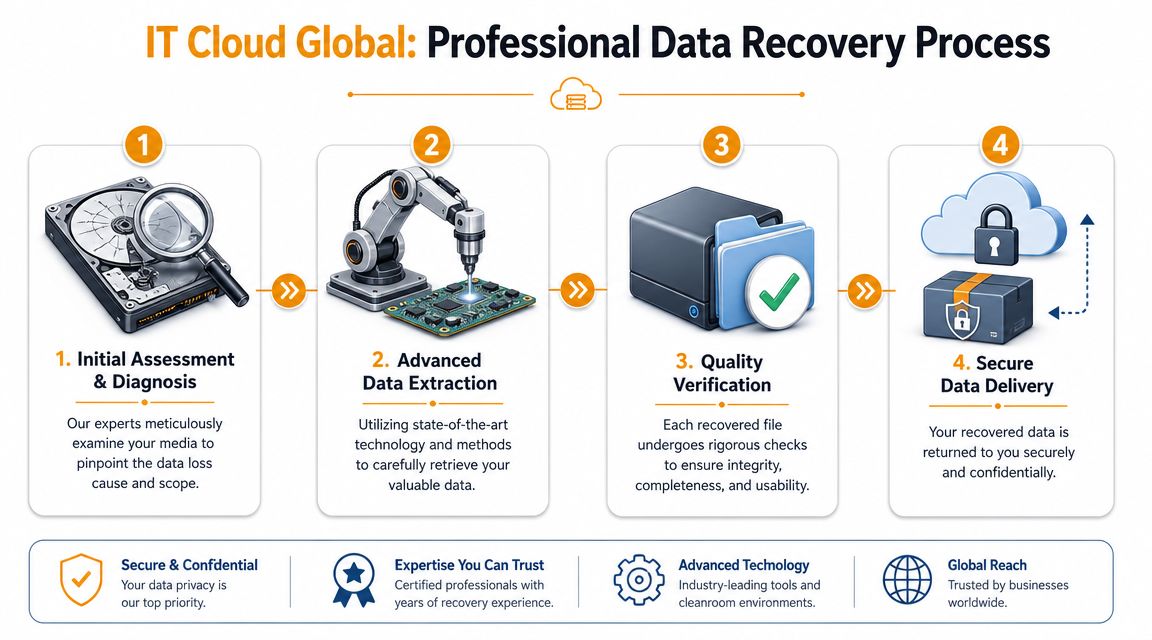 A professional infographic outlining the four-step data recovery process from initial assessment to secure data delivery.