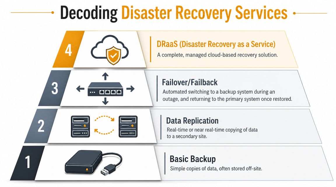 A hierarchical pyramid graphic illustrating four levels of disaster recovery services from basic backups to cloud solutions.