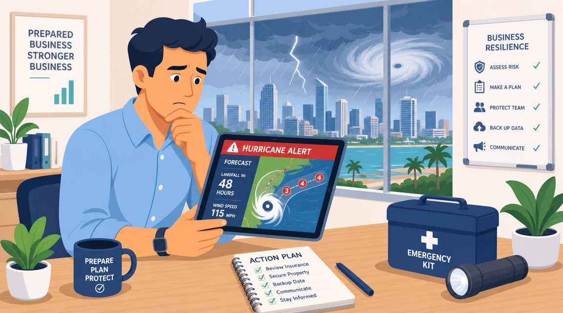 A businessman looking worried at a hurricane alert on a tablet while preparing an emergency kit.