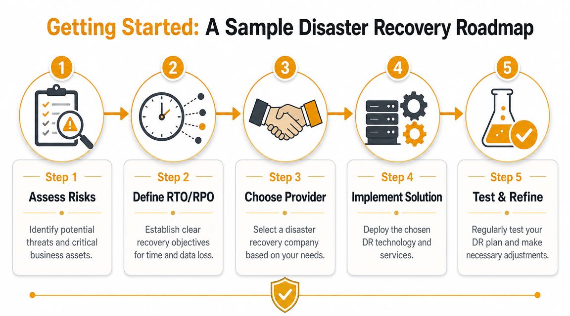 A flowchart showing five steps for creating a disaster recovery roadmap for business continuity.