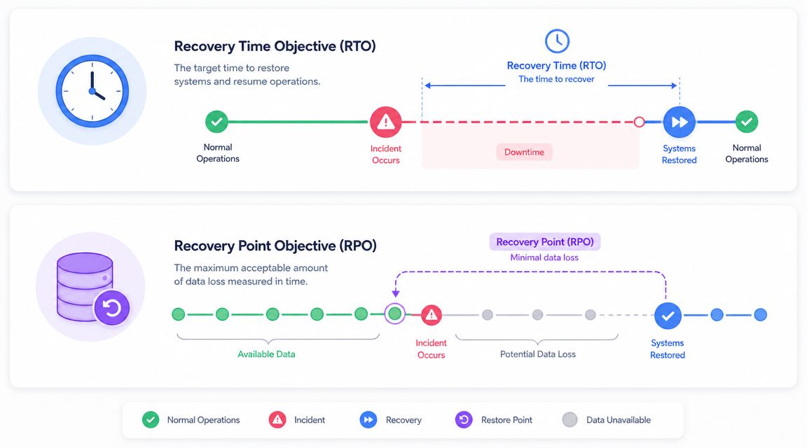 A diagram comparing Recovery Time Objective and Recovery Point Objective as key metrics for disaster recovery planning.