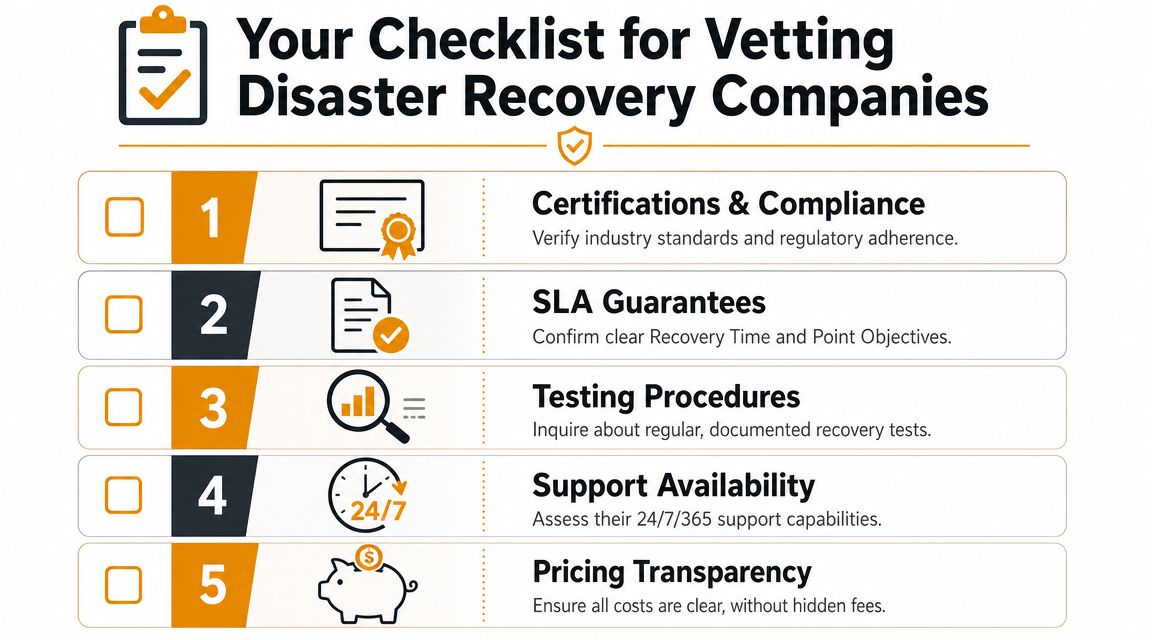 A five-point checklist infographic for vetting disaster recovery companies to ensure business continuity and IT security.
