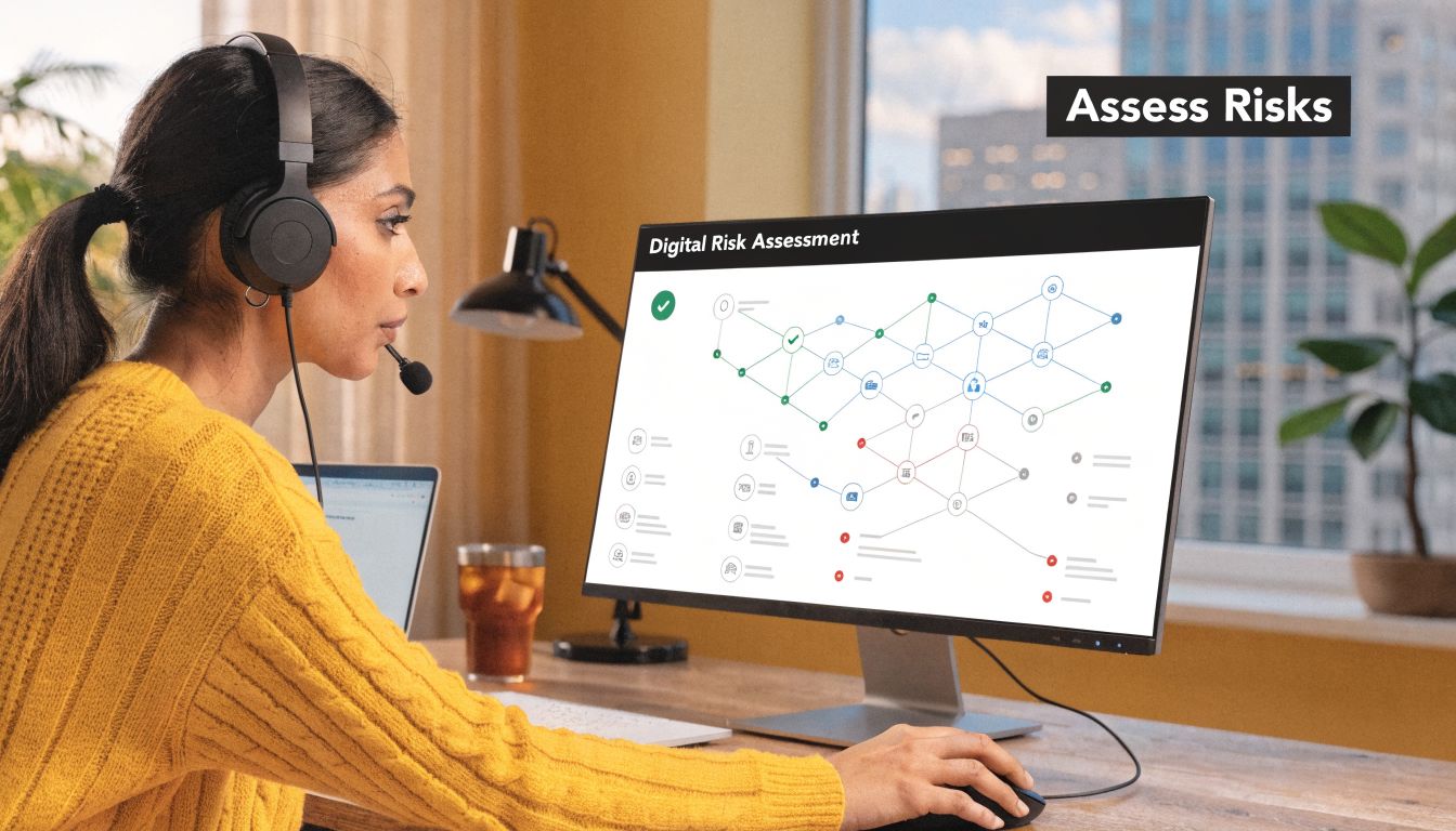 A professional woman wearing a headset monitors a digital risk assessment dashboard on her computer screen.