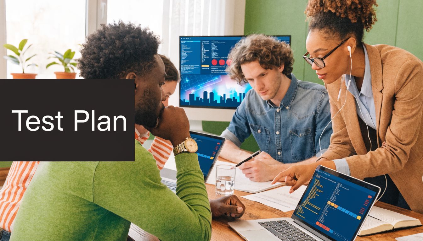 A diverse group of professional software developers collaborating on a code project in a modern office.