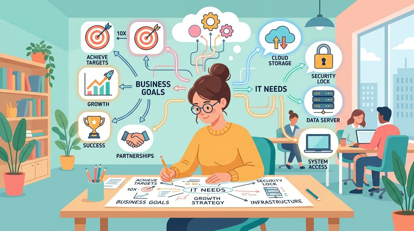 A professional woman planning business growth and IT infrastructure strategy on a large desk in an office.