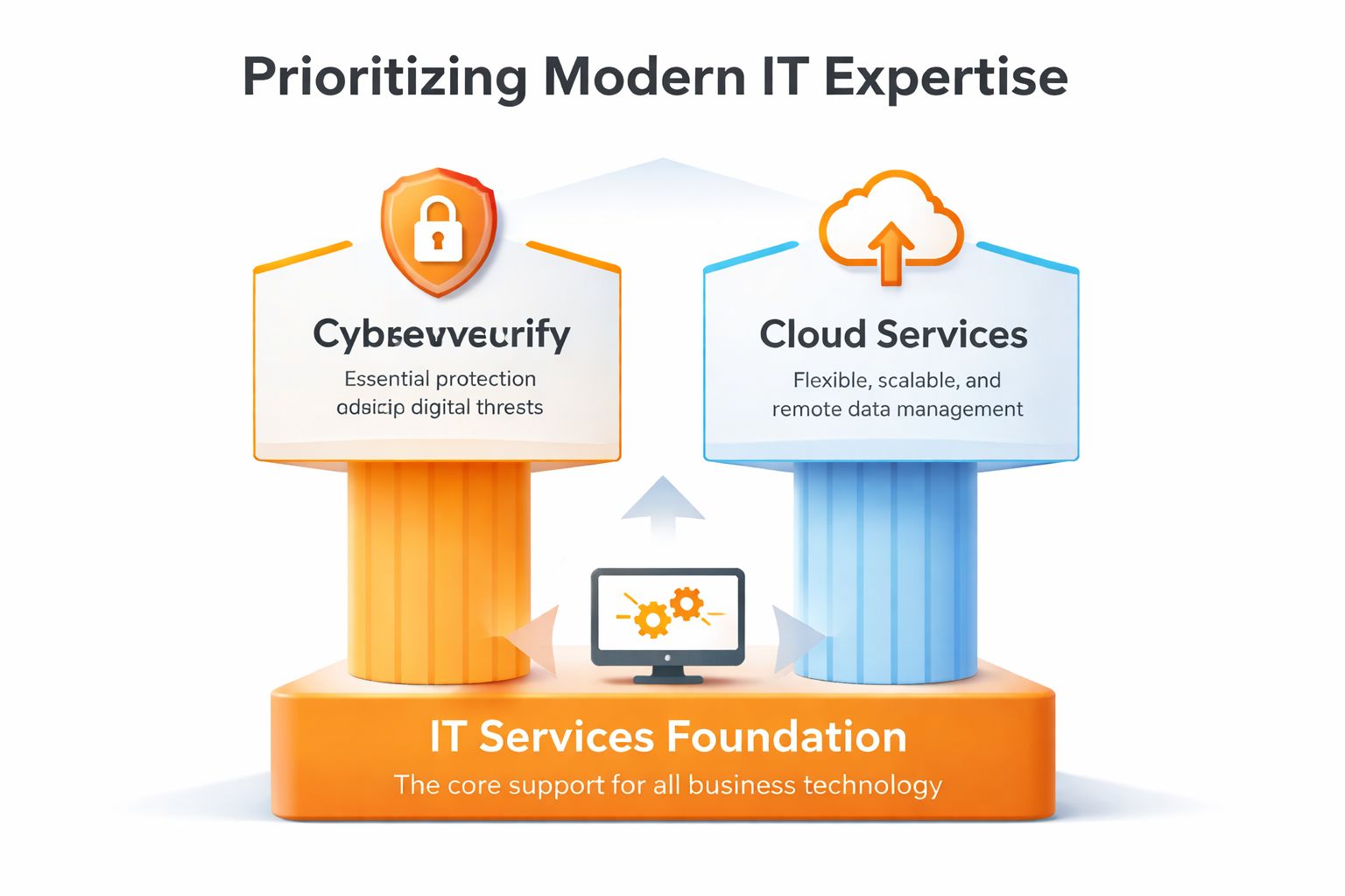 A diagram illustrating IT services foundation supporting cybersecurity and cloud services for modern business technology.