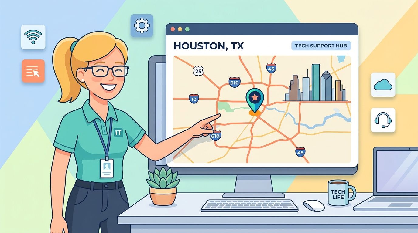 A friendly IT support specialist pointing at a map of Houston on a computer screen in office.