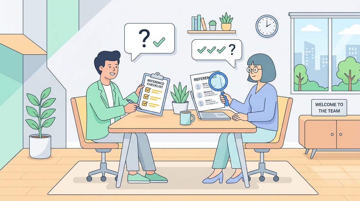 An interviewer and a candidate discussing a reference checklist during a professional job interview session.