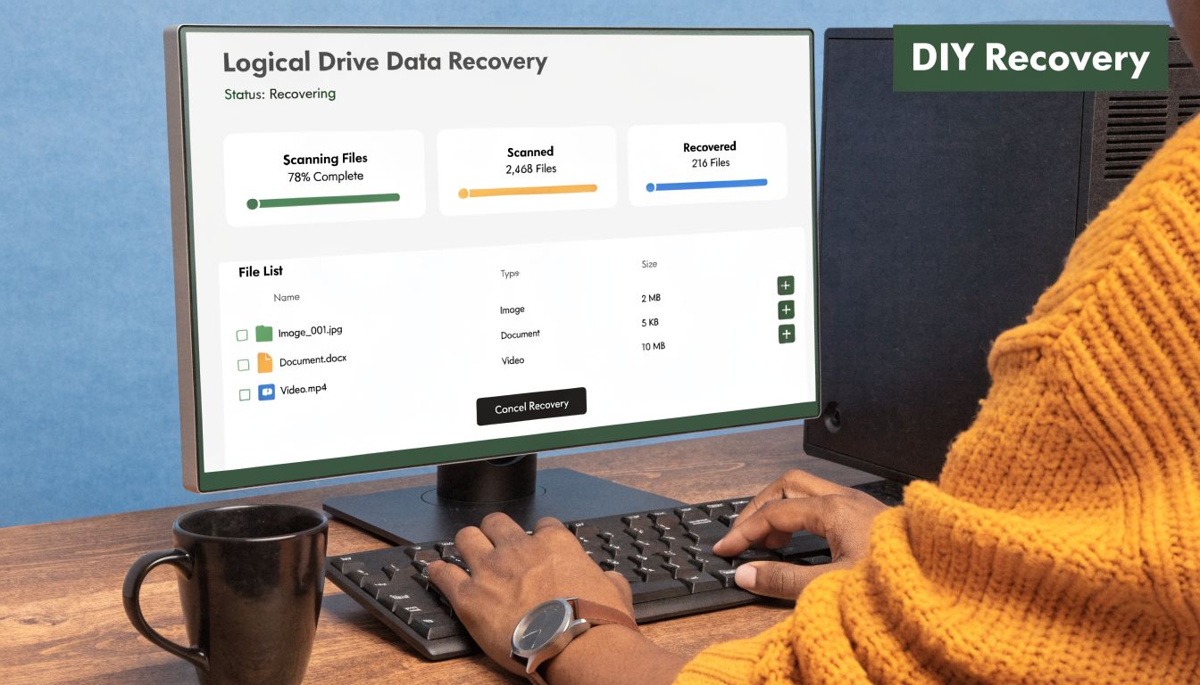 A person using a computer monitor displaying a logical drive data recovery scanning progress bar.