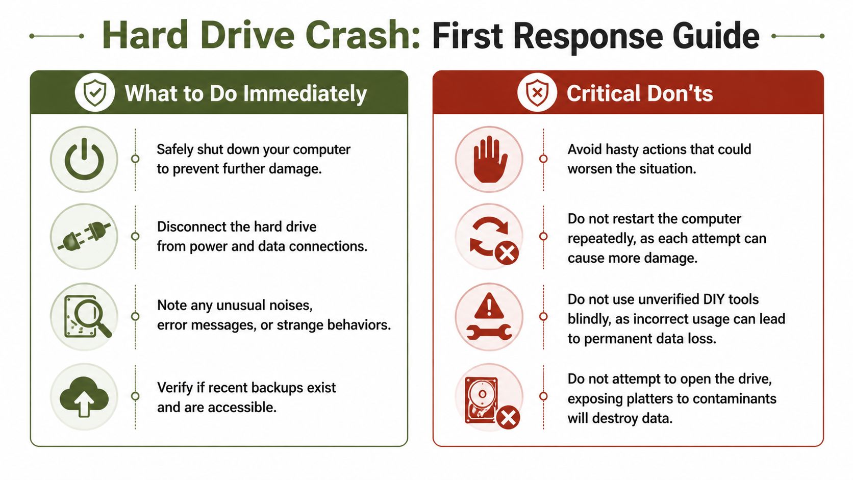 An infographic detailing the immediate steps and critical don'ts when experiencing a hard drive crash.