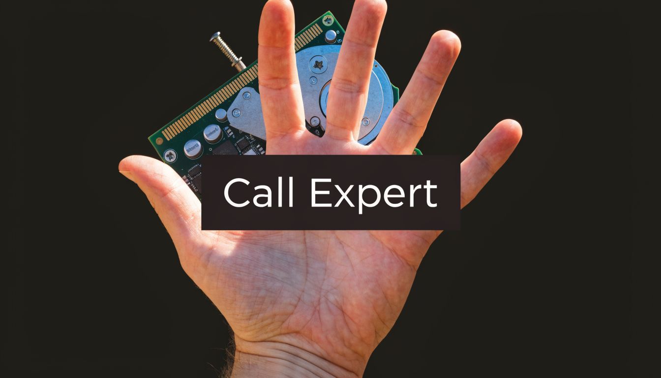 A human hand holding a damaged computer hard drive component against a dark black background.