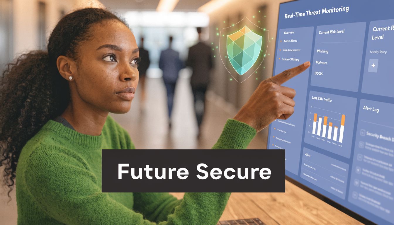 A professional analyzing real-time threat monitoring software on a screen with cybersecurity analytics and risk indicators.