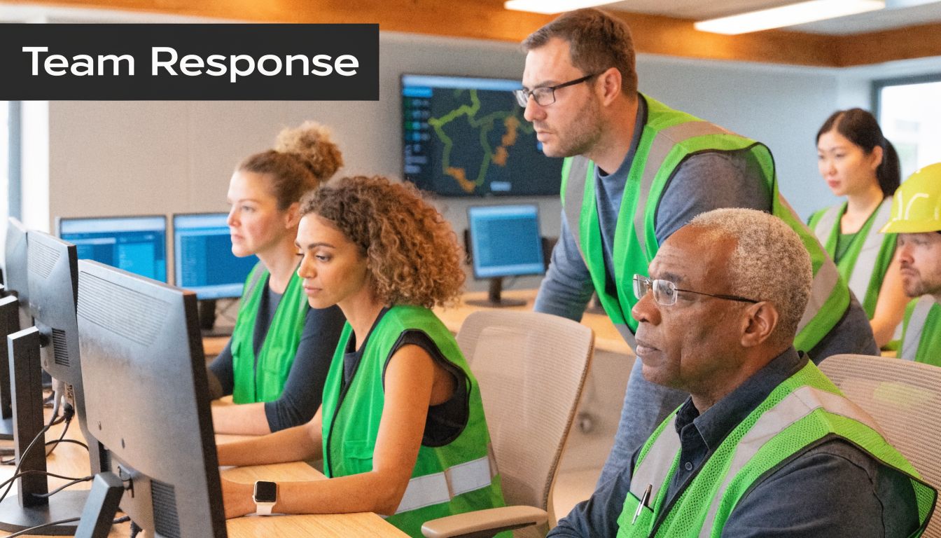 A team of professionals in safety vests collaborate in an office control center during a security incident.