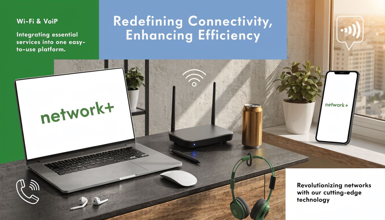 A modern workspace with a laptop, router, and smartphone, promoting network connectivity and business efficiency.
