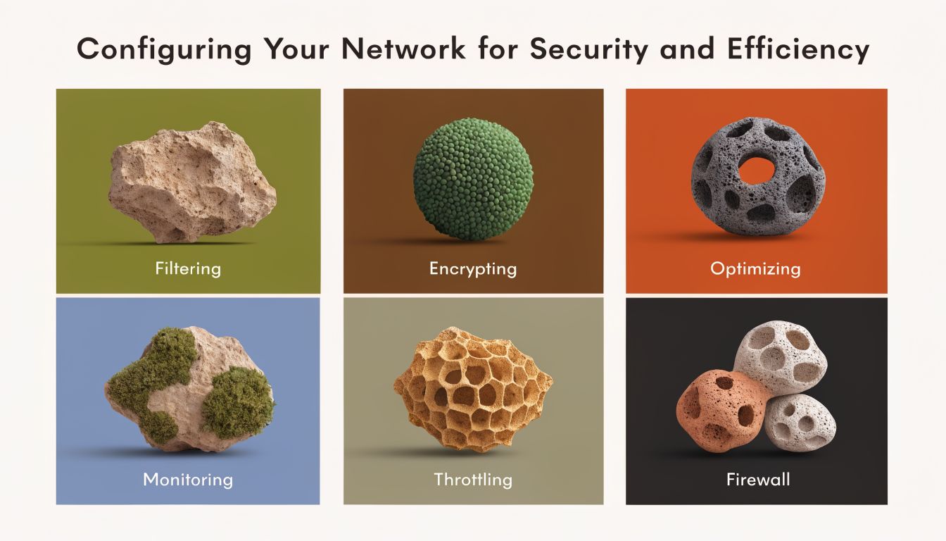 A graphic showing six categorized network management concepts represented by unique natural textures and objects.