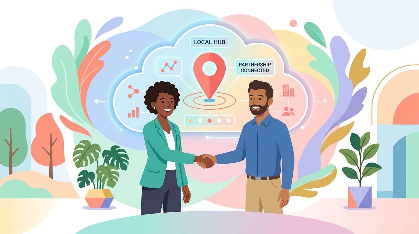 A professional woman and man shaking hands in front of a colorful, abstract digital cloud graphic.