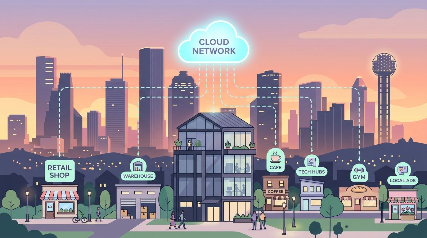 A conceptual illustration of a city skyline connected to a central cloud network via data pathways.