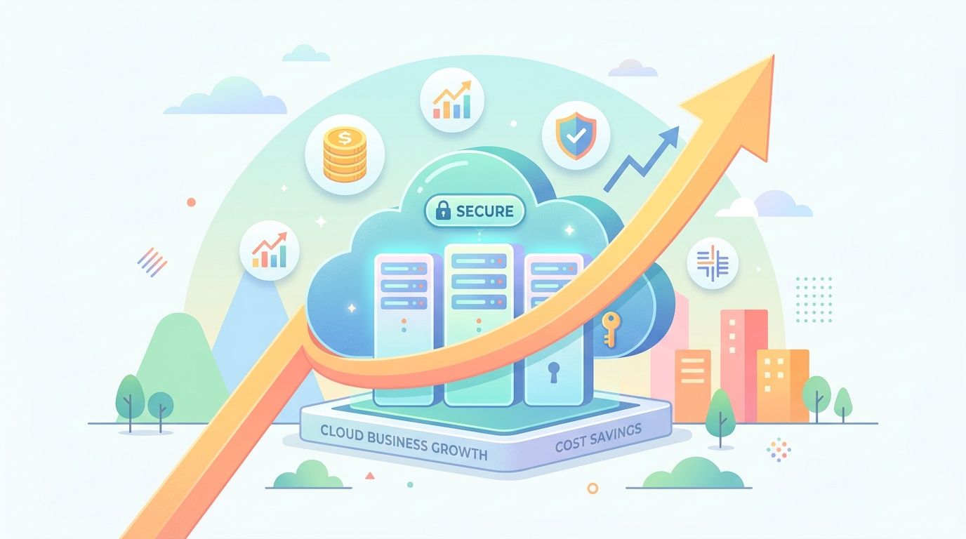 A digital illustration showing a cloud computing infrastructure concept with growth charts, security icons, and a rising arrow.