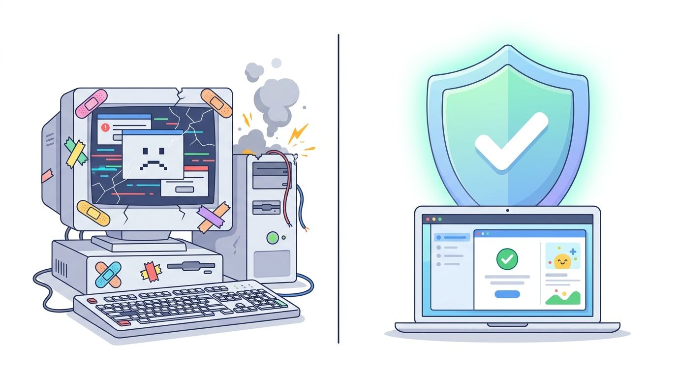 A comparison showing an old, broken computer next to a modern, secure laptop protected by a shield icon.